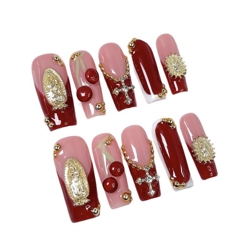 French Style 3D Embossed Nail Tips With Cross Motif Wine Red Design Full Cover Press-On Nails Women