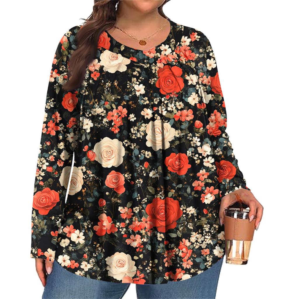 Dámská móda plus size Tištěný ležérní plisovaný top s kulatým výstřihem a dlouhým rukávem