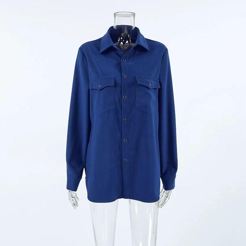 

European and American New Loose Lapel Single-Breasted Casual Shirts Outerwear Loose Casual Shirt Jacket Blue L