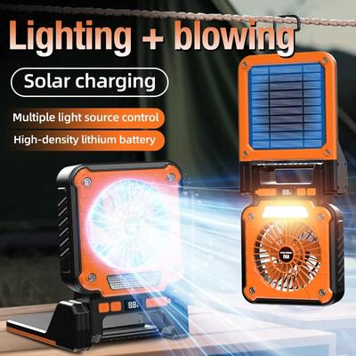 Solar Power Portable Fan Rechargeable Emergency Lighting Lamp Outdoor Camping Fishing Hangable Electric Fans Tent Light