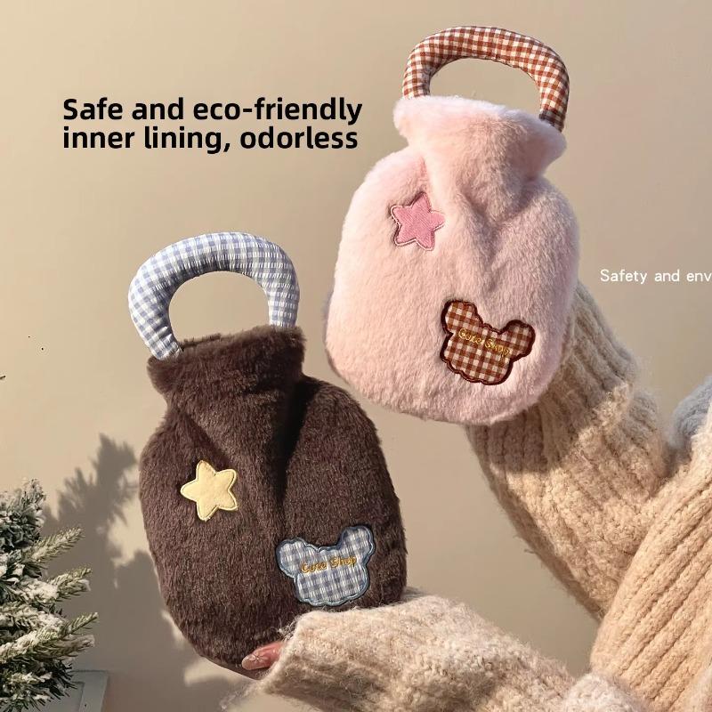 Simple Plaid Stitching Portable Cute Plush Water Warmer Hot Water Bottle Comfortable Soft Warm Belly Hands Elastic