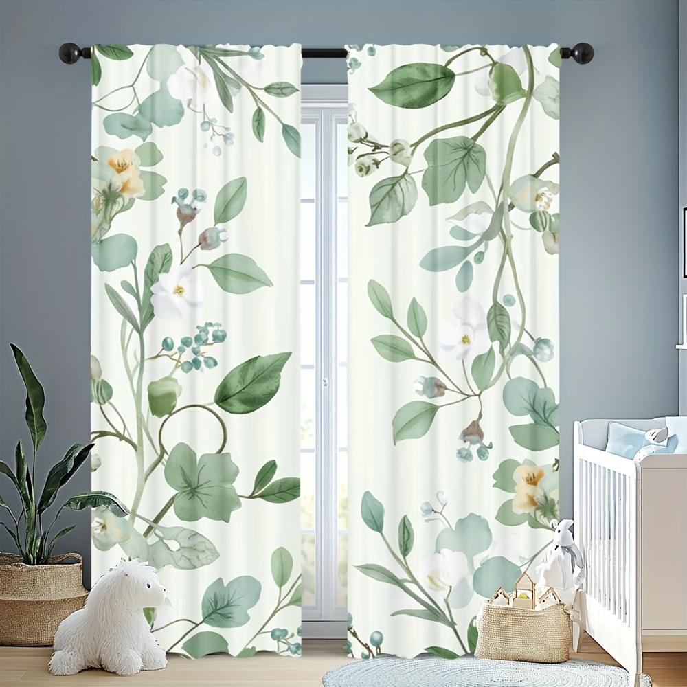 2Pc Sets Of Green Leaf Themed Curtains, Polyester Fabric, Machine Washable, Suitable For Bedroom, Living Room, Bathroom