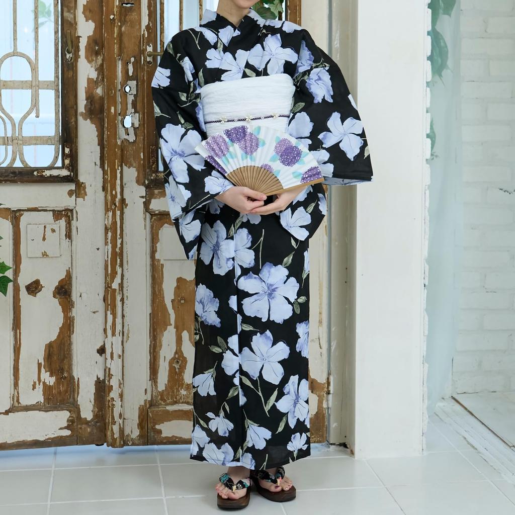 RAVIR Yukata Black with a Pale Wisteria Floral This Set Includes a Fluffy Obi and One Size Fits Women's 3-Piece Set Pattern. Fluffy, Sandals. All.