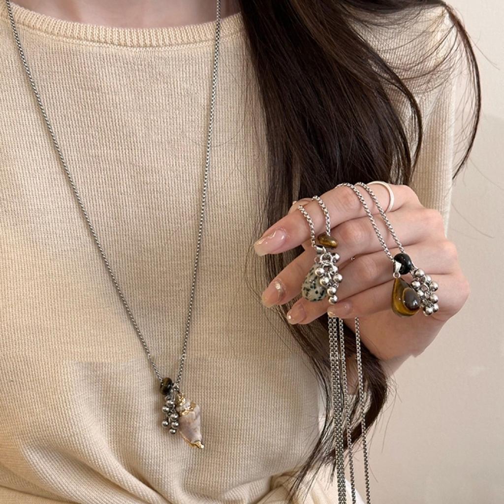 Spotted Tiger Eye Stone Irregular Pendant Metal Long Chain Necklace For Women Girls Charm Aesthetic Jewelry Accessories