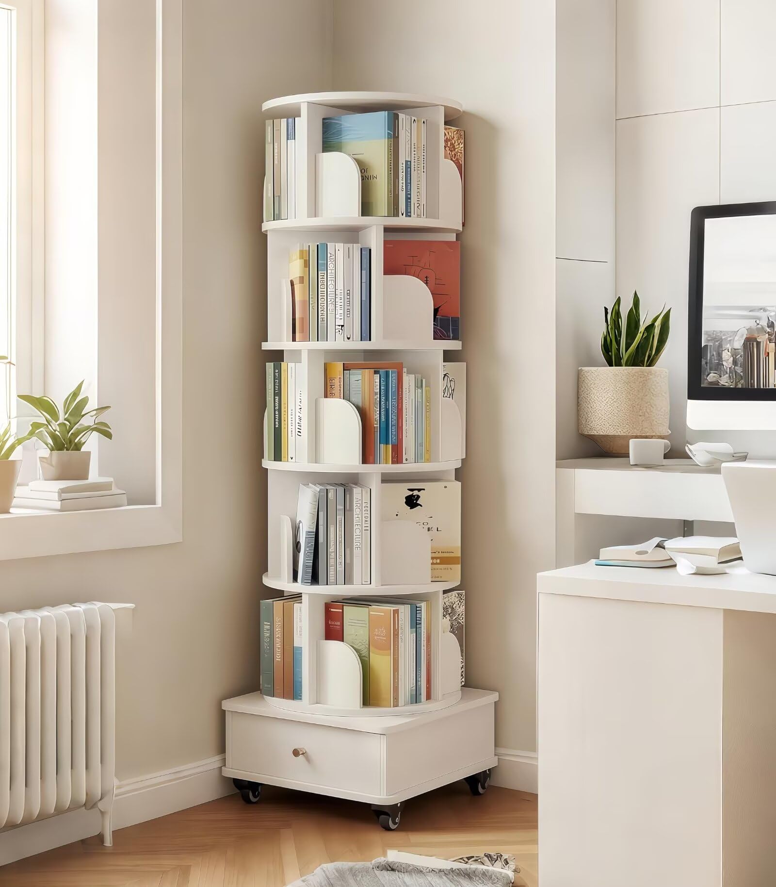 

TUIYIDUO Вращающийся 6 46 см Глубиной x 46 см Шириной x Большой Хранение Книг с Комиксами Деревянный Легкий Для Жизни Японские Инструкции Включены Книжный Шкаф, Полки, белый