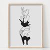 Cute Cat Print Poster Simple Cat Lines Love Sunflower Cat Wrestling Cat Cat Lover Gift Home Bedroom Living Room Office Decor