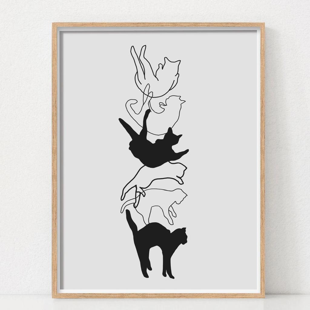 Cute Cat Print Poster Simple Cat Lines Love Sunflower Cat Wrestling Cat Cat Lover Gift Home Bedroom Living Room Office Decor