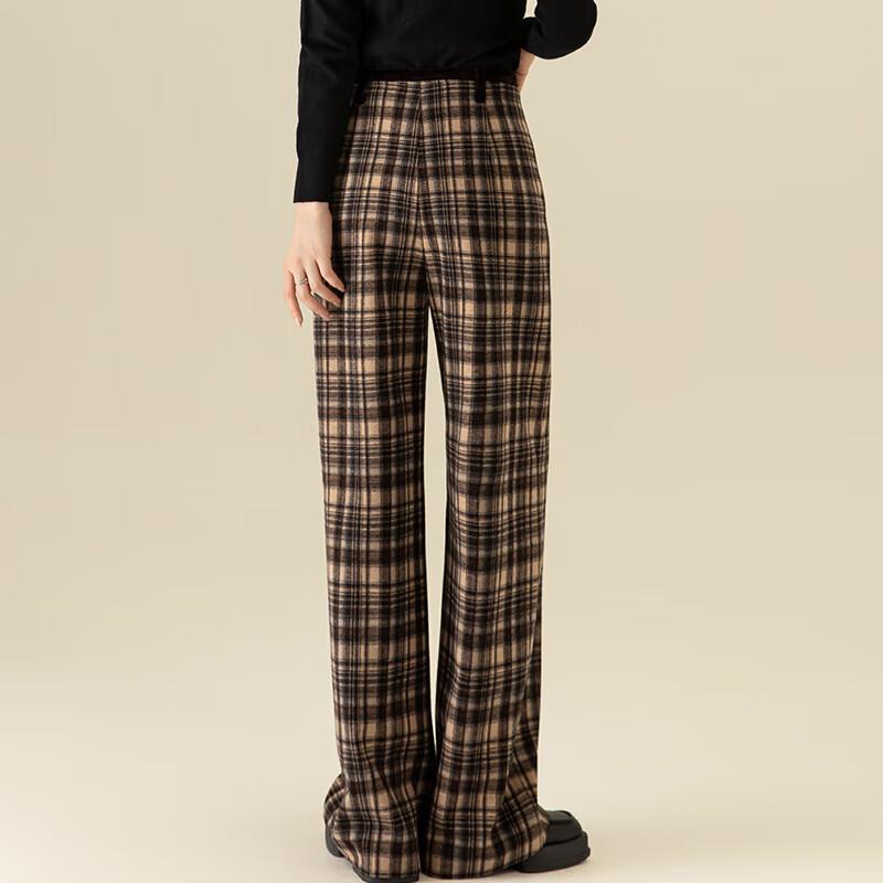Fanzhen Women's Autumn/Winter Retro Plaid Wide-Leg Woolen Trousers