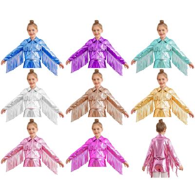 Girls Tassels Metallic Tops Turn Down Collar Long Sleeve Zipper Fringe Shiny Jacket Dance Performance Wear