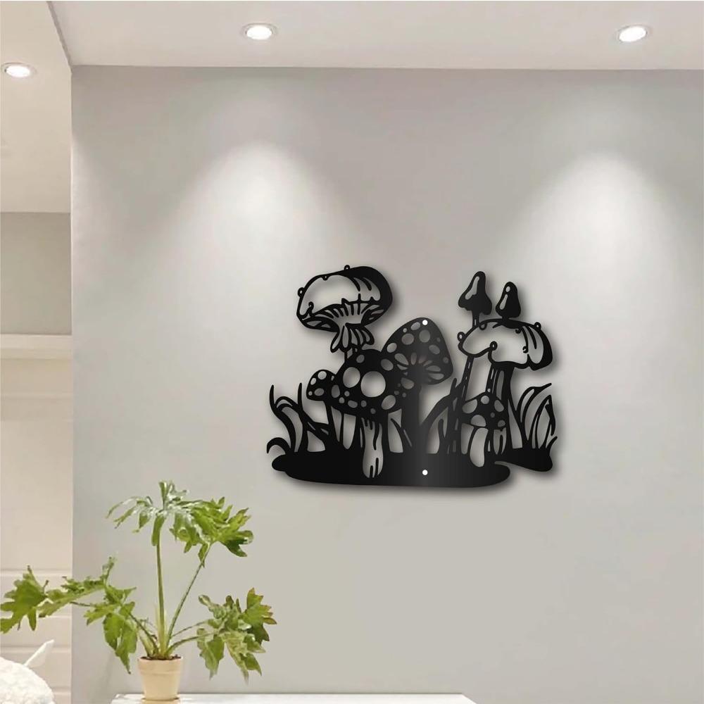Black Iron Mushroom Wall Art Metal Hollow Sculpture Decor Sign for Living Room Bedroom Indoor Outdoor Hanging 12x9 Inch
