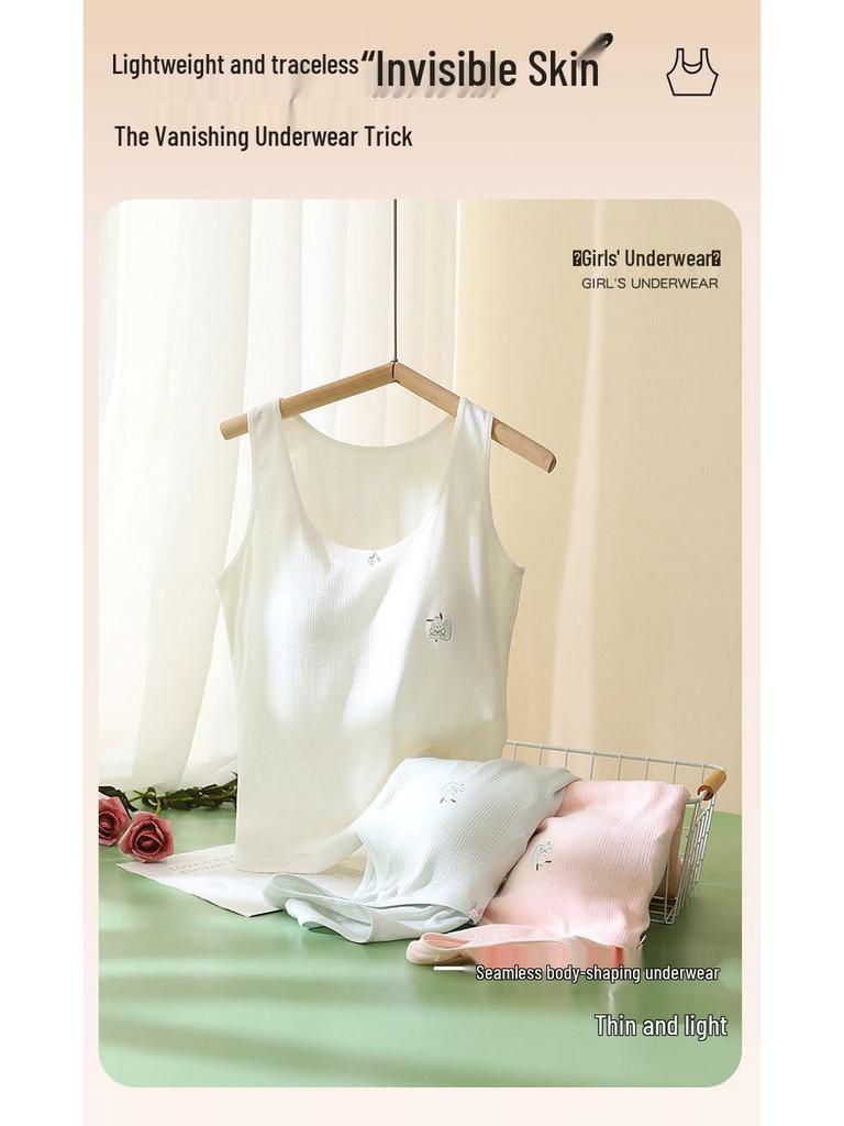 Lightweight Seamless Girls' Long Camisole Vest - Simple Solid Color for Developmental Period