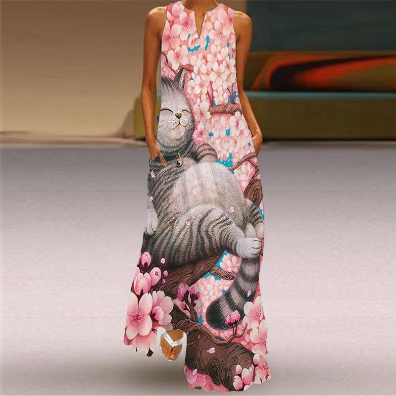 Vintage Dámské 3D tisk Boho Dlouhé šaty bez rukávů Letní móda Společenské šaty s výstřihem do V Dámské Ležérní Kapesní Tenké Vestido