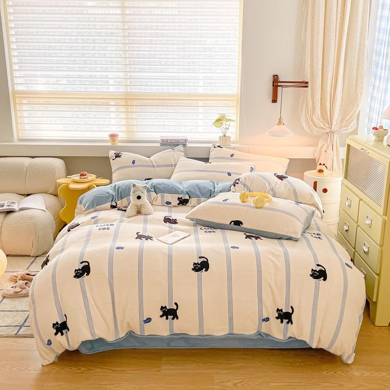 Winter Thick Warm Milk Coral Fleece Bedding Set Ins Fresh Duvet Cover Single