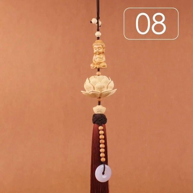 Chinese Style Lucky Fu Wooden Carved Lotus Buddha Statue Pendant Creative Gift Home Car Hanging Accessories Decor Auto Interior