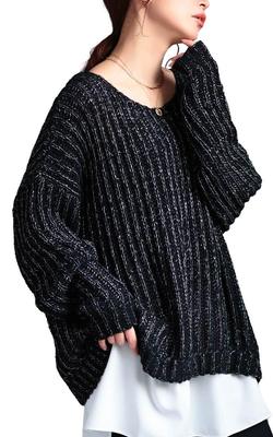 Gold Japan Plus Size Knit Long Ribbed Loose Dolman Loose Sizes Black Women's Sweater, Sleeve, Knit, Fit, Style, Lamé, Fit, Autumn/Winter, LL-3L,