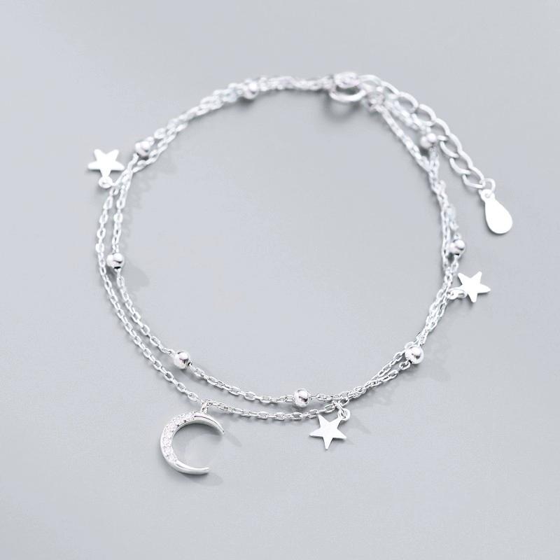 925 Silver Star Moon Bracelet Women Girls Vintage Korean Crystal Charm Jewelry Gift Sparkling Party Accessories