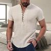 V-Neck Buttons Half Placket Men Shirt Short Sleeve Fine Sewing Summer Casual Solid Color Thin Shirt Daily Garment