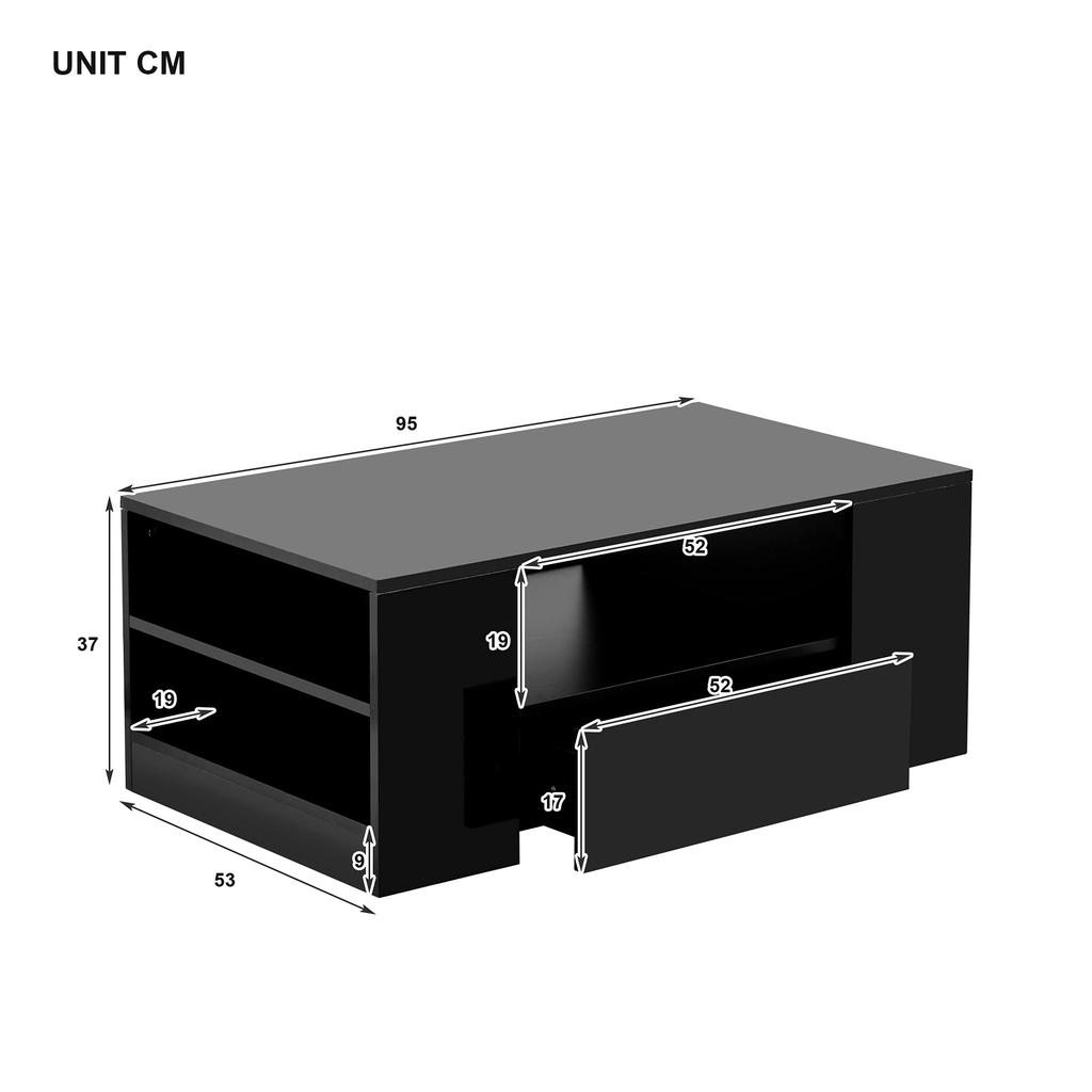 Modern Coffee Table High Gloss With LED, Side Tables for Living Room, Sofa Table, 2 Drawers 2 Shelf Sofa (95 X 53 X 37cm) (Black)