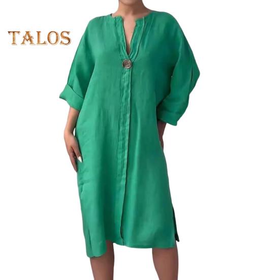 Robe mi-longue ample à col en V et manches trois-quarts pour femme, couleur unie, ourlet fendu, boutons décoratifs, tenue quotidienne décontractée