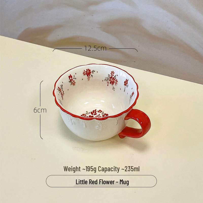 Embossed Little Red Flower Ceramic Cup - Lace Design for Coffee or Tea, Ideal Gift or Souvenir
