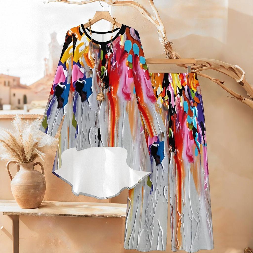 Marble Print Two Piece Outfit Women Long Sleeve Irregular Hem Tunic Top Wide Leg Pants Casual Matching Set