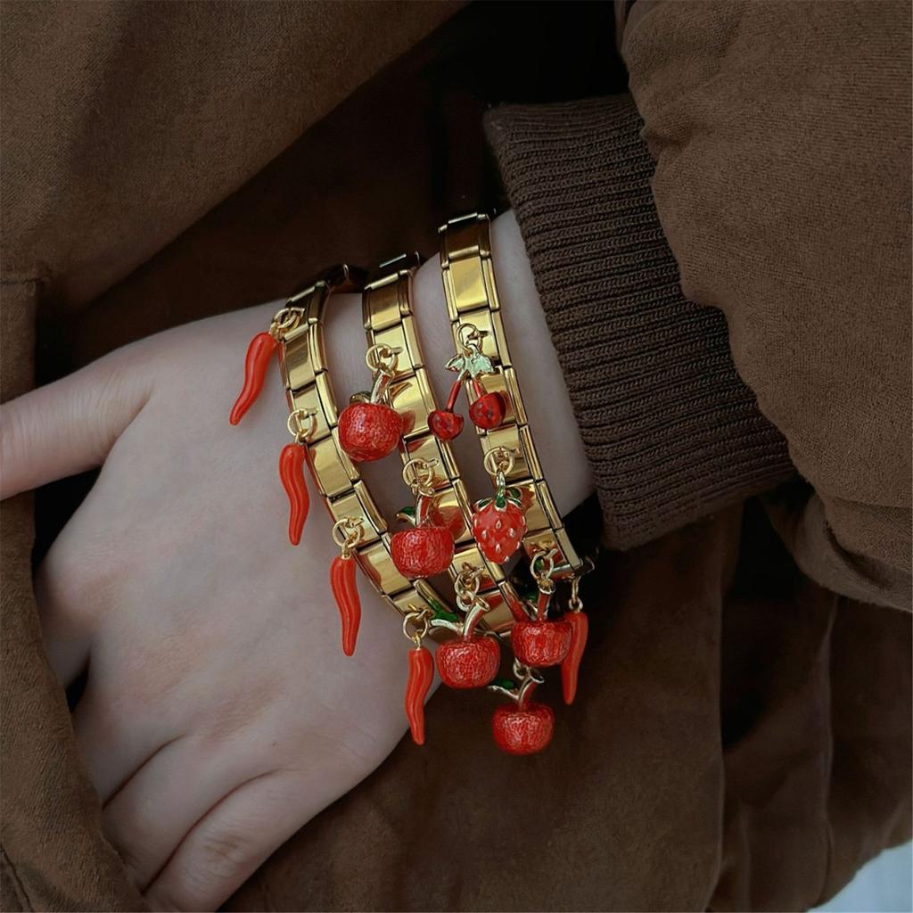 Colorful Pendant Bracelet with Apples and Chili Charm Stainless Steel Bangle for Women and Girls Fashion Accessory