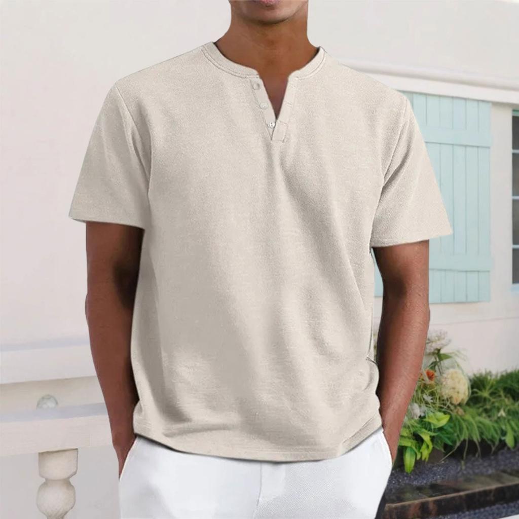 Men's Casual V-Neck Short-Sleeve Shirt - Cotton Solid Color, Breathable Button-Up Top