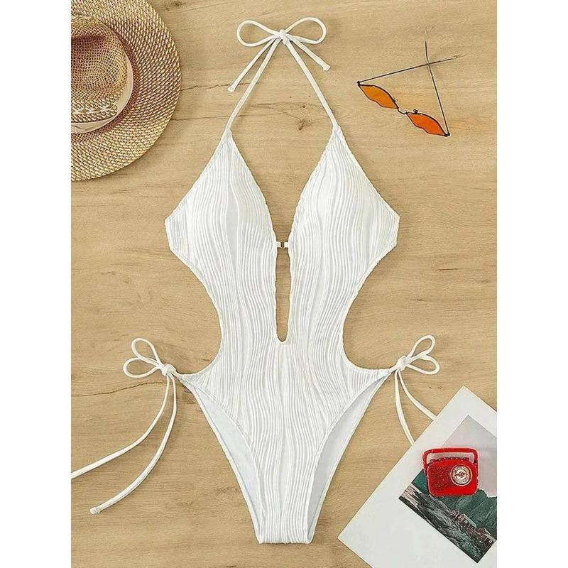Sexy Halter V Neck Wrinkled Female Swimwear One Piece Swimsuit Women Backless Monokini High Leg Cut Bathing Suit Swim Beach Wear