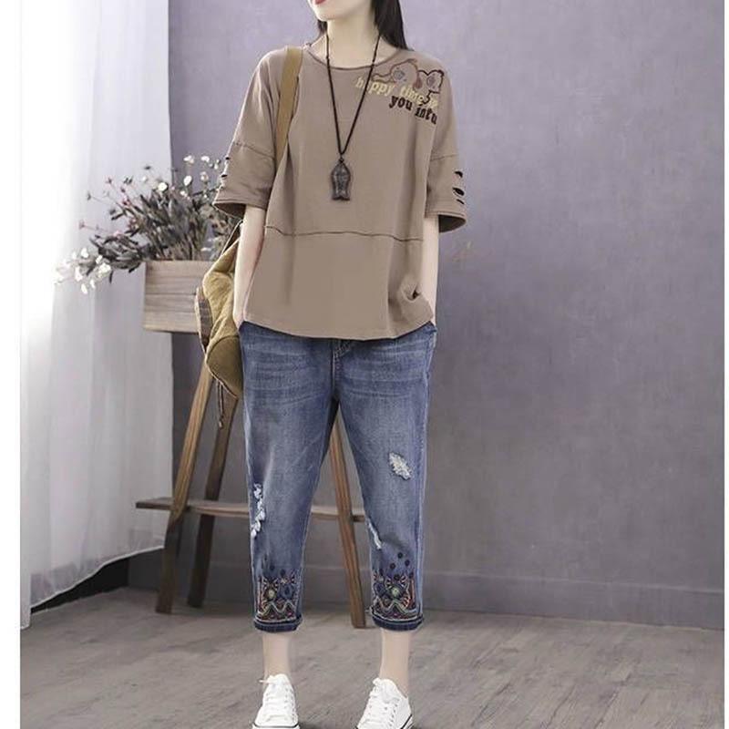 Loves Print Pattern Loses T-Shirt Baumwollmaterial Damen Kurzarm Rundhals Oberteil Retro Literarischer Stil Einfach Lässig Harajuku Pendeln Sommer