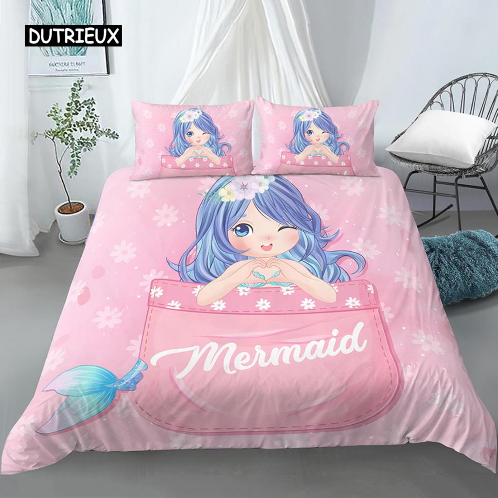 Rosa Bettwäscheset Meerjungfrau Einhorn Bettbezug Set Cartoon Tier Mädchen Prinzessin Bettbezug Full Size für Kinder Geschenke Deko