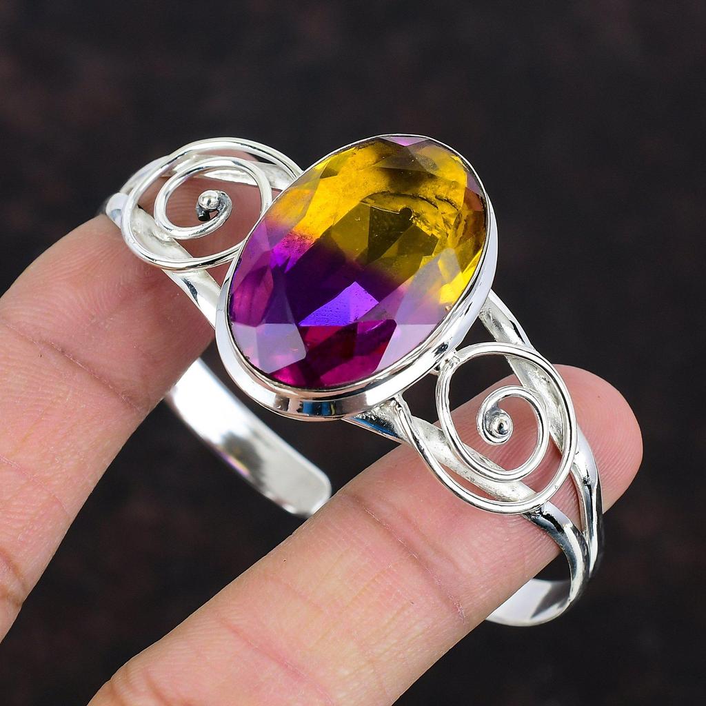 Faceted Ametrine Cuff Bracelet Gemstone Jewelry Adjustable Cuff Bracelet 925 Sterling Silver Bangle Handmade Bangle Antique Jewelry For Gift