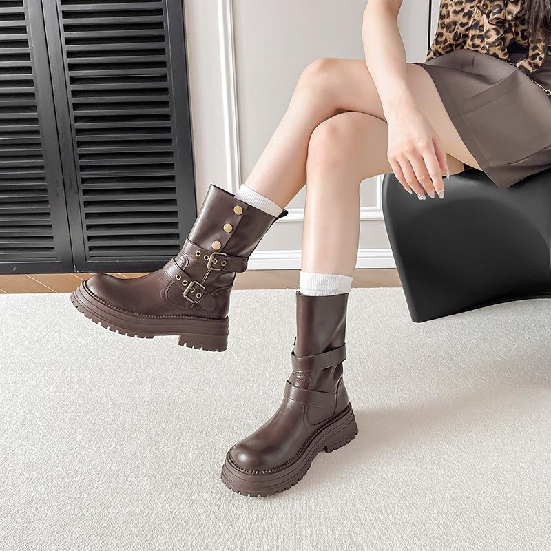 Thick-soled Maillard medium tube short boots women's 2025 autumn and winter new British style retro brown thick heel two wear Martin boots