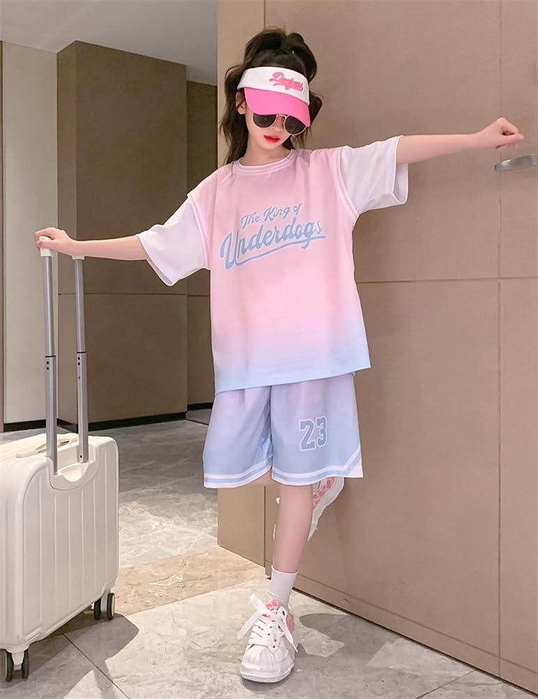 KOSIKINI Short Sleeve and Shorts Korean Loose Resort Sizes Tracksuit Top and Bottoms Cute Clothing Elementary School Girls' T-Shirt Set, Style,