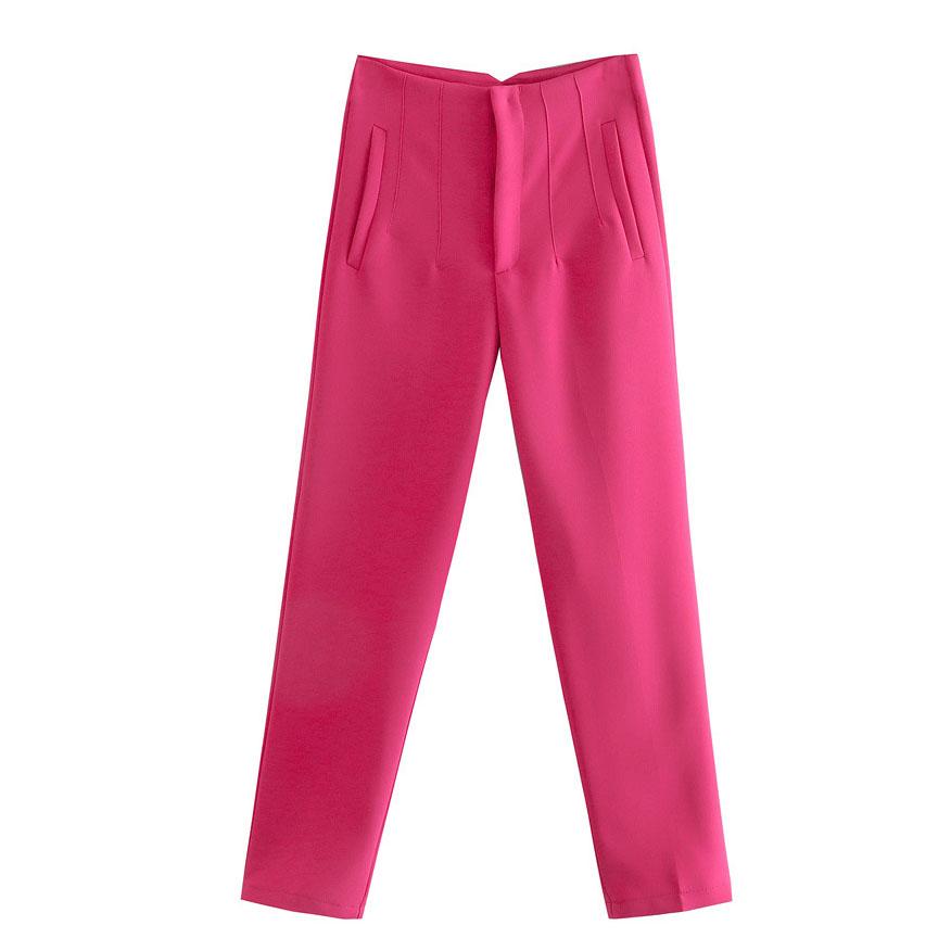 Women Solid Color High Waist Pockets Buttons Office Lady Orange Suit Pants Trousers