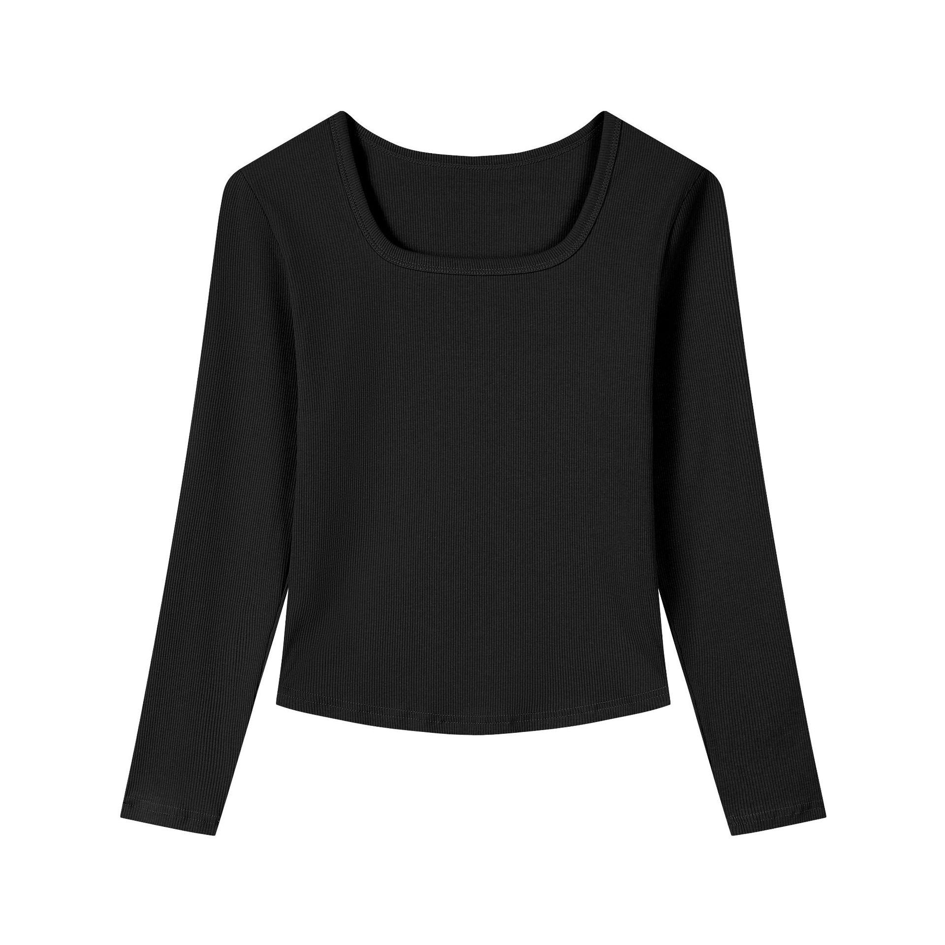 

Женский облегающий топ в рубчик с квадратным вырезом и длинными рукавами - Универсальная осенняя мода One Size чёрный