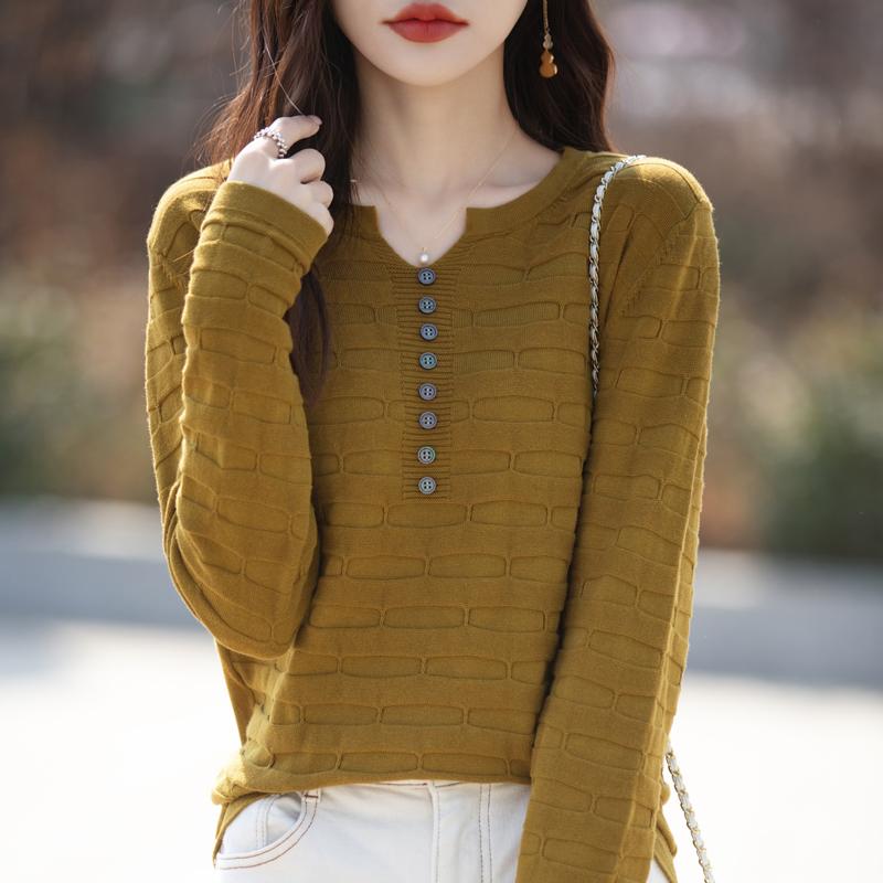 Autumn Winter Women Cotton Sweater V-neck Half Open Buckle Pullover Square Pit Sweater Slim Knitted Warm Bottoming Tops