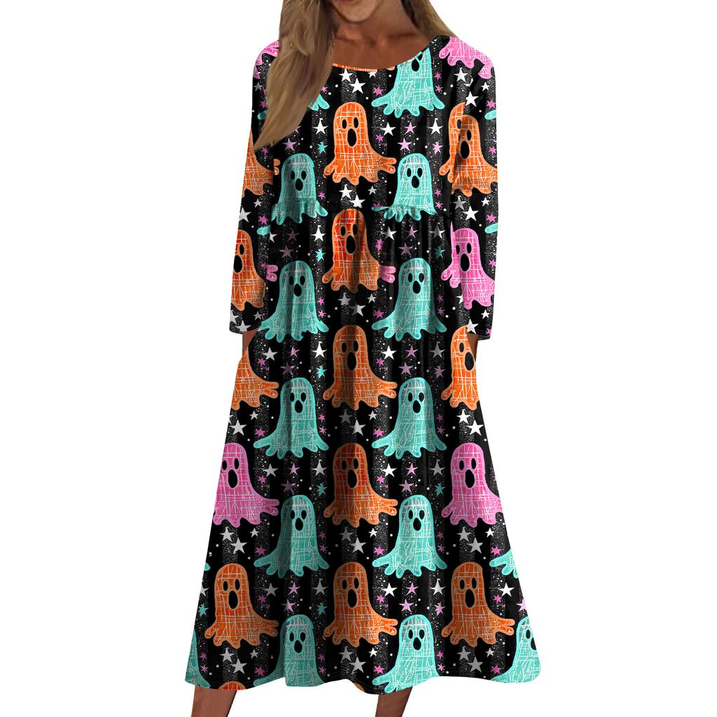 Women's Casual -neck Halloween Print Mid-length Dress Long-sleeved Dress With Pocket
