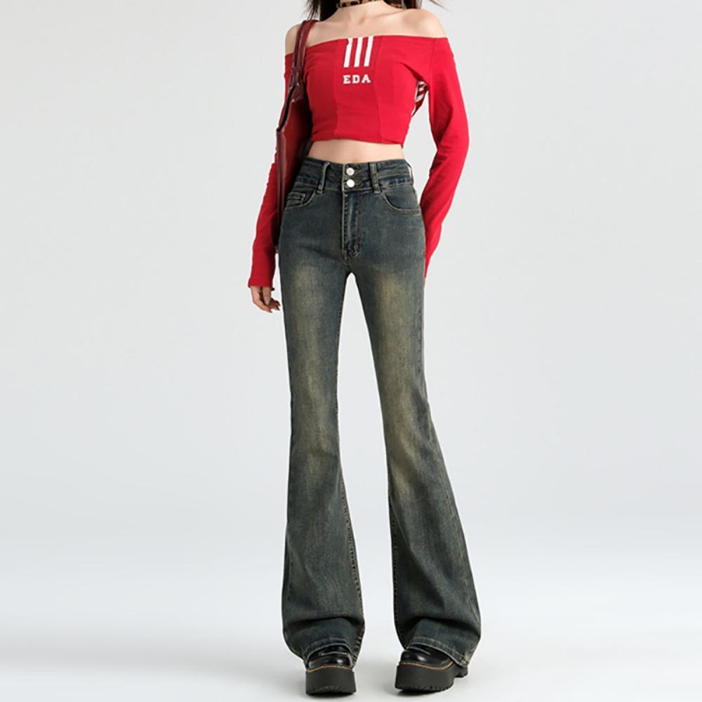 

Washed jeans women s autumn and winter new versatile trend high waist thin small micro-flared horseshoe pants XL