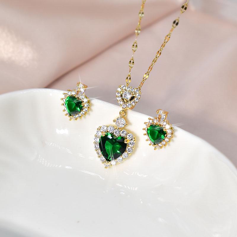 Korean Green Heart Necklace and Earrings Set - Green Zircon with Titanium Steel Clavicle Chain