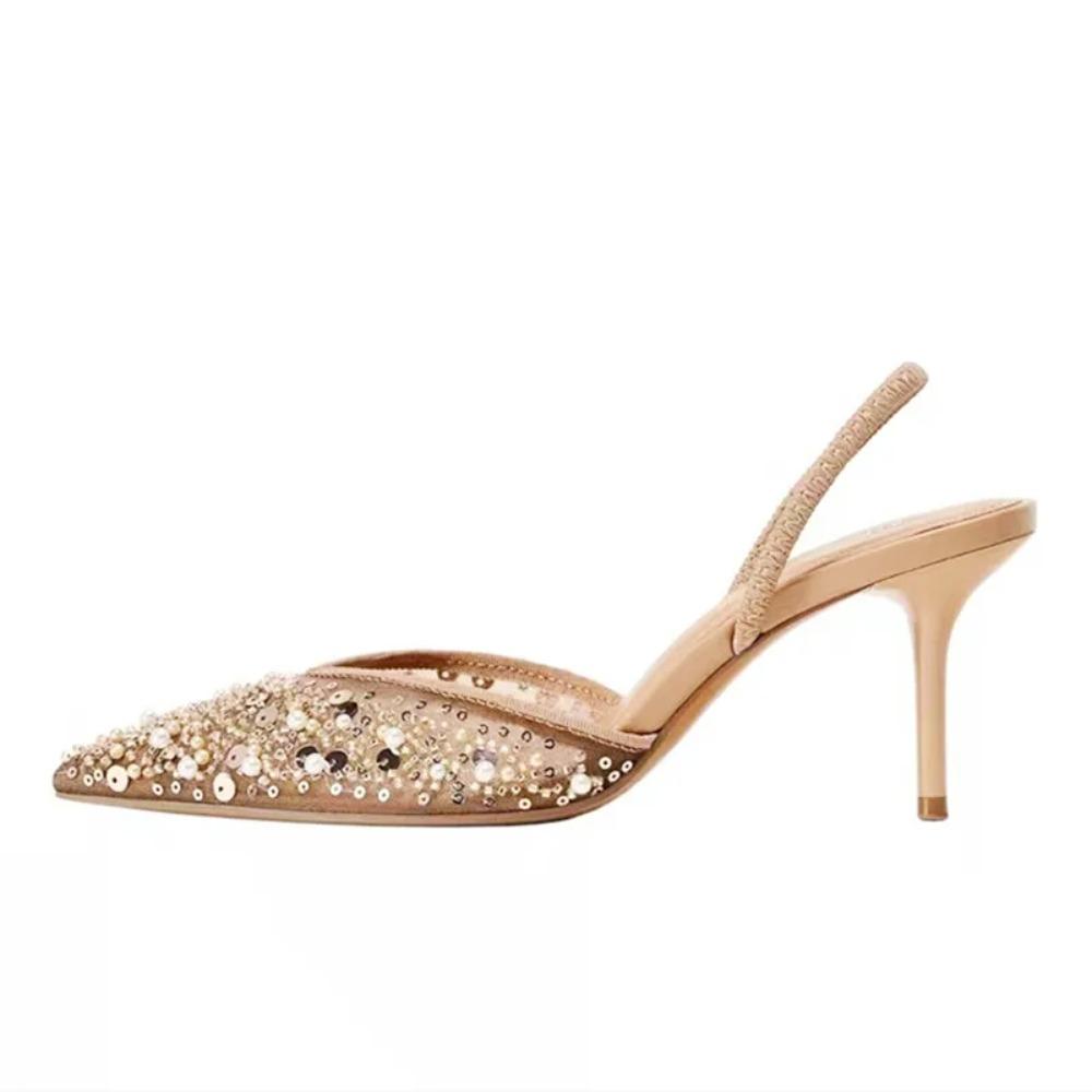 Luxury Bling String Bead Mesh High Heels Women Sexy Pointy Toe Breathable Heeled Sandals Elegant Slingbacks Women Pumps