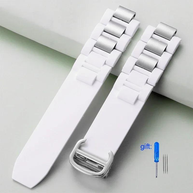 Резиновый браслет с рельефом 20x10 мм Черно-белый силиконовый ремешок для часов Складная застежка Замена ремешка для часов для Cartier 21 Chronoscaph 20mmX10mm