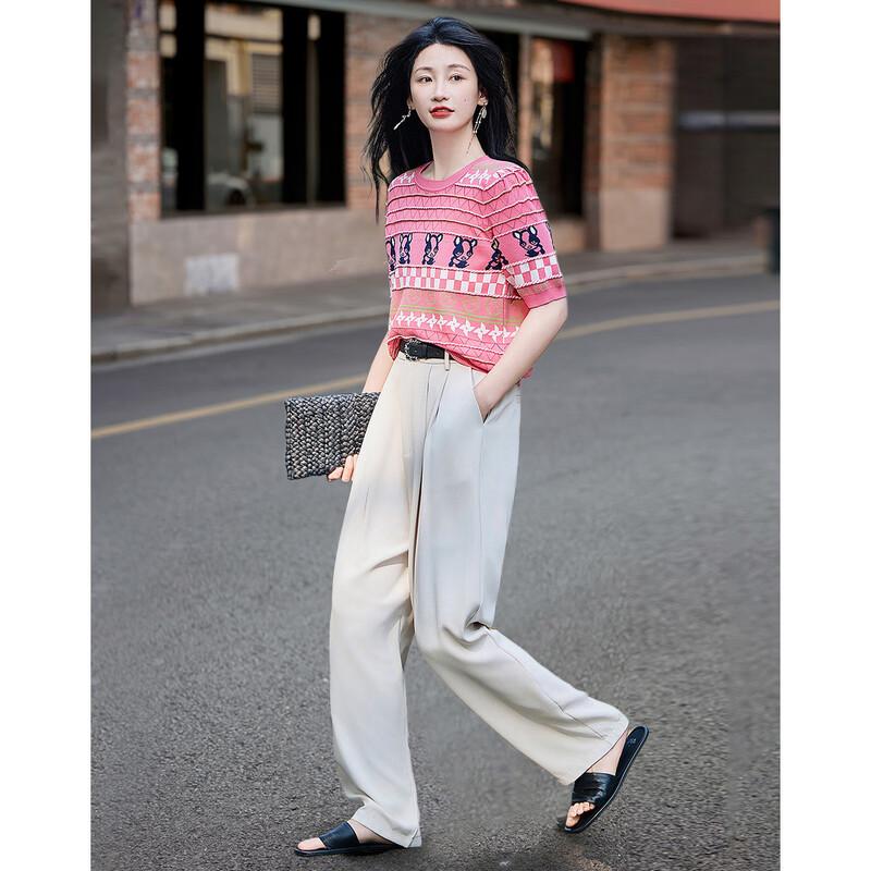 Demana Dopamine Style Short Sleeve Jacquard Knit Top S