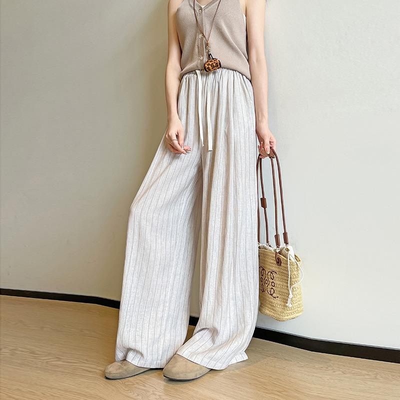 Cotton and linen striped wide-leg pants women's summer thin new high-waisted thin lazy drape casual pants