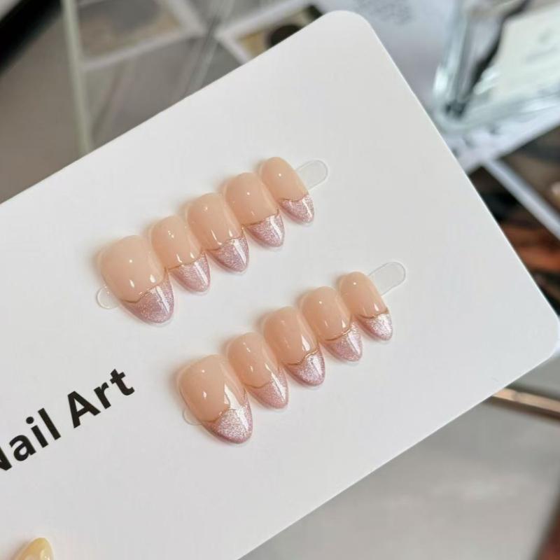 10Pcs Nude Pink French Press On Nails - Shimmer Cat Eye Fake Nails XS