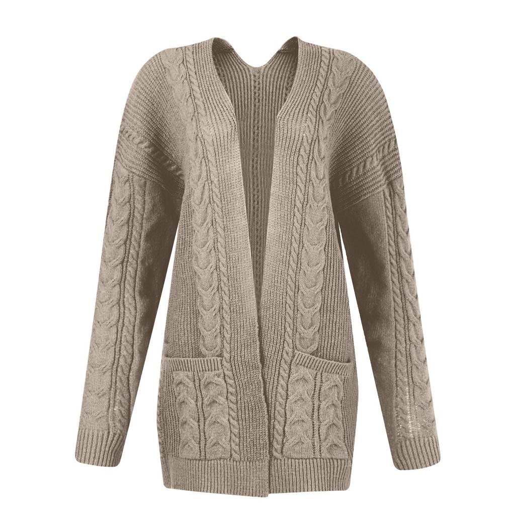 Women's Color Pocket Mid Length Knit Cardigan Jacket Sweater