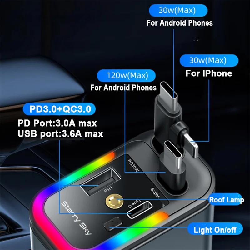 180W 5 In 1 Retractable Car Phone Charger RGB Starry Sky Light for PD/QC3.0/SCP/VOOC/FlashCharge/AFC/FlashCharge Protocols Phone