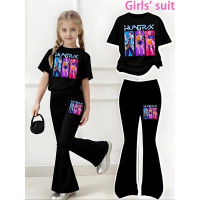 Girls' Casual Sports Short Sleeved and Flared Pants Set, Girls' Group Pattern Printed Fashionable Girls' Sportswear