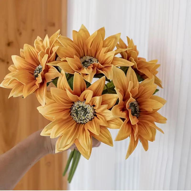 5Pcs/bunch Artifcial Flowers PU Sunflower Bouquet Wedding Decor Fake Flowers Sunflower Home Decoration Accessories Party Floral