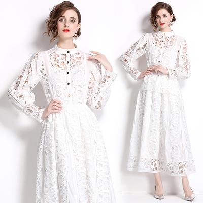 Autumn Crochet White Lace Embroidery Sets Women Dress Suits Hollow Out Loose Shirt Elastic Waist Maxi Skirt Suit