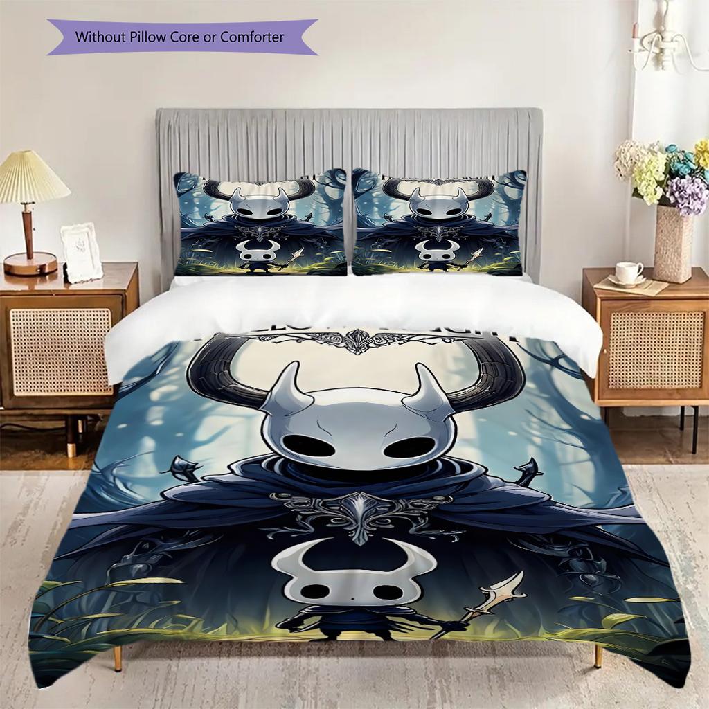 Ropa de cama del Reino de Hollow Knight (1 * funda nórdica + 2 * fundas de almohada, sin núcleo) Juego de cama plano 2D Funda nórdica y funda de almohada Suave y cómodo